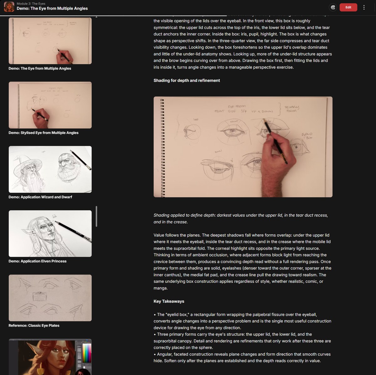 The eye from multiple angles lesson page with notes and takeaways