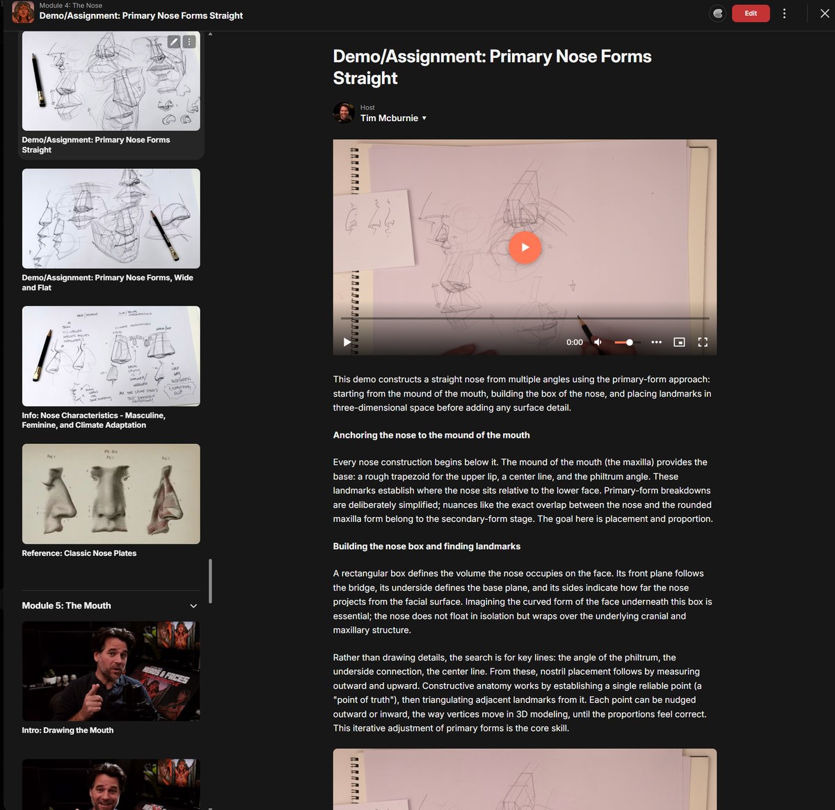 The primary nose forms lesson page with video and notes