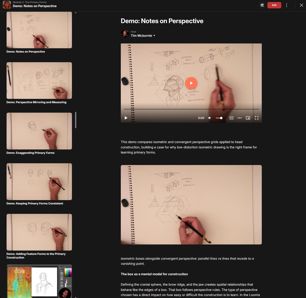 A lesson page with video, notes, and screenshots