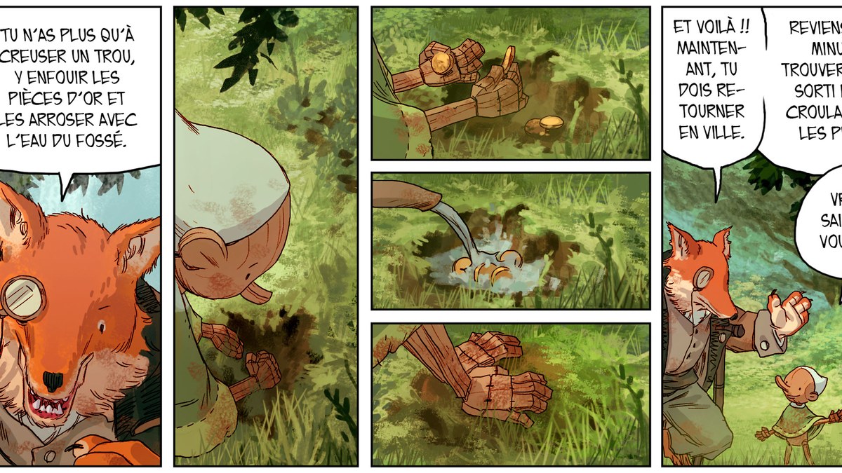 Panels from Tim's Pinocchio: the fox and Pinocchio